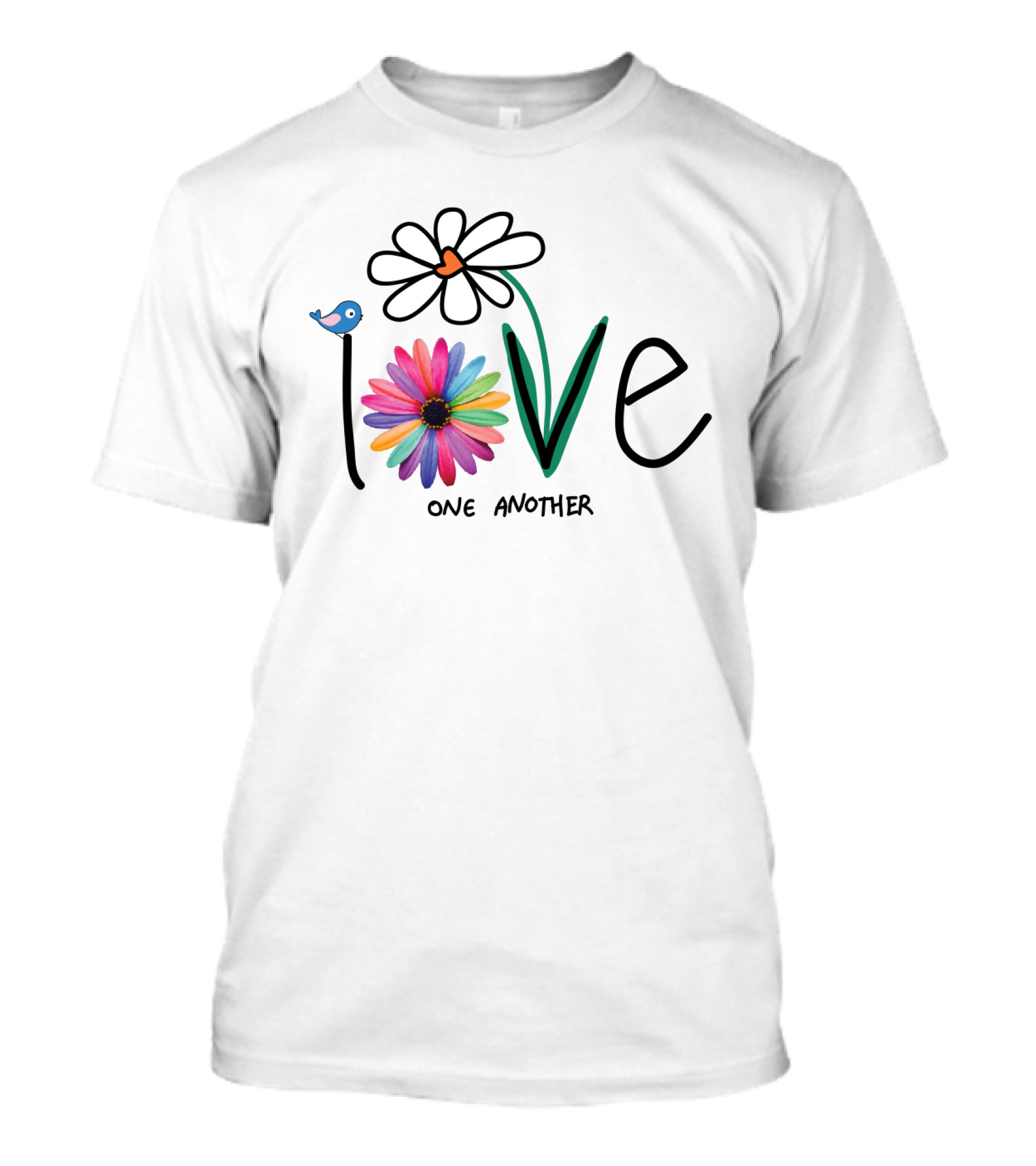 Love One Another Rainbow Flower Blue Bird T-Shirt