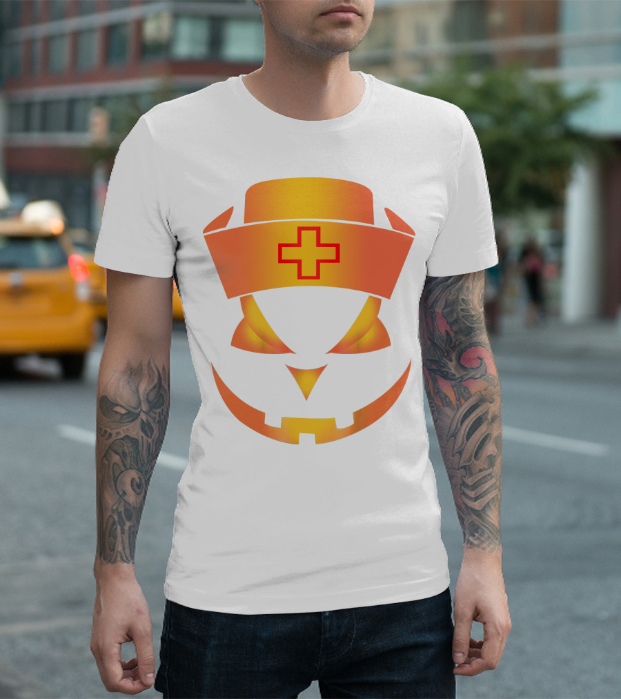 Nurse Pumpkin Face with Cross Hat Halloween T-Shirt