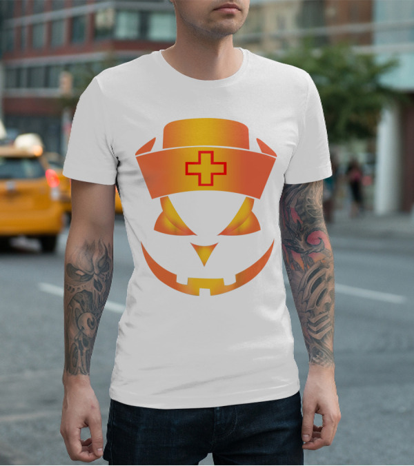 Nurse Pumpkin Face With Cross Hat Halloween T-Shirt