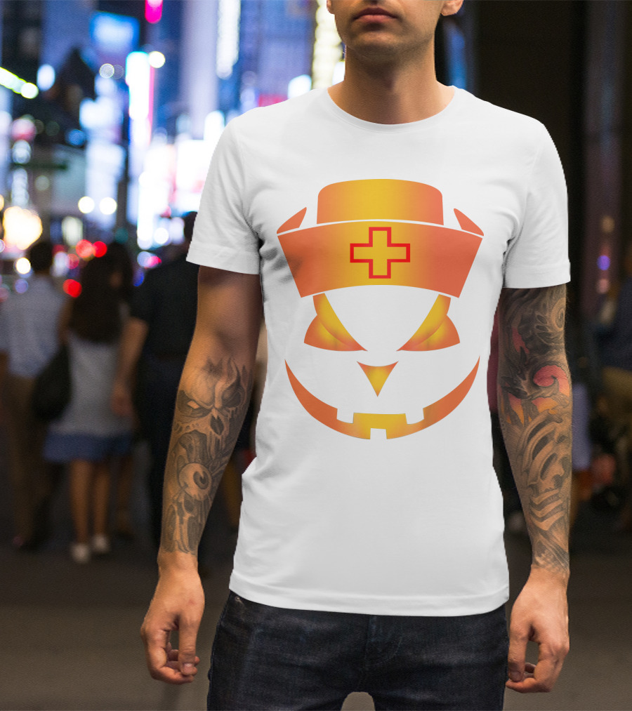 Nurse Pumpkin Face With Cross Hat Halloween T-Shirt