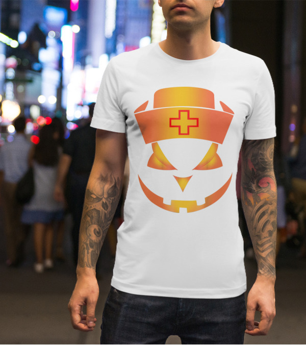 Nurse Pumpkin Face With Cross Hat Halloween T-Shirt