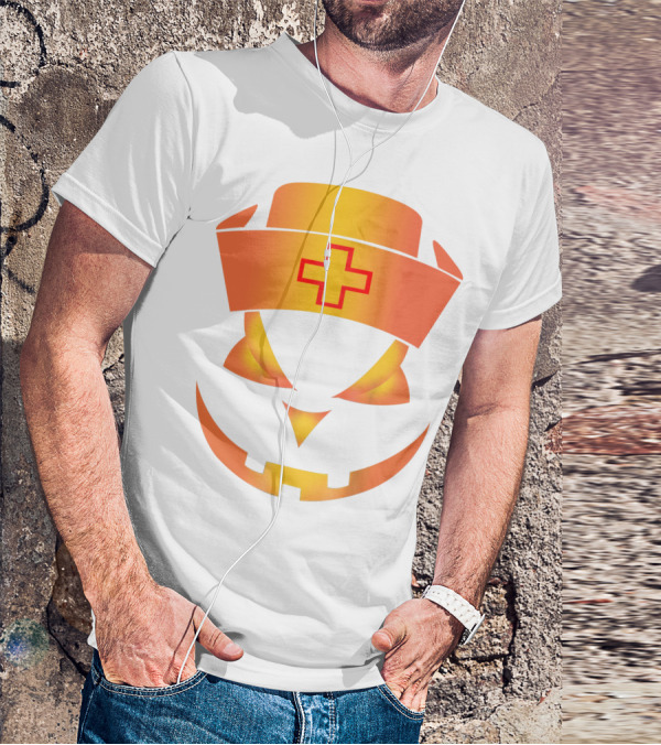Nurse Pumpkin Face With Cross Hat Halloween T-Shirt