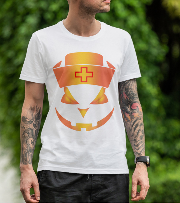 Nurse Pumpkin Face With Cross Hat Halloween T-Shirt