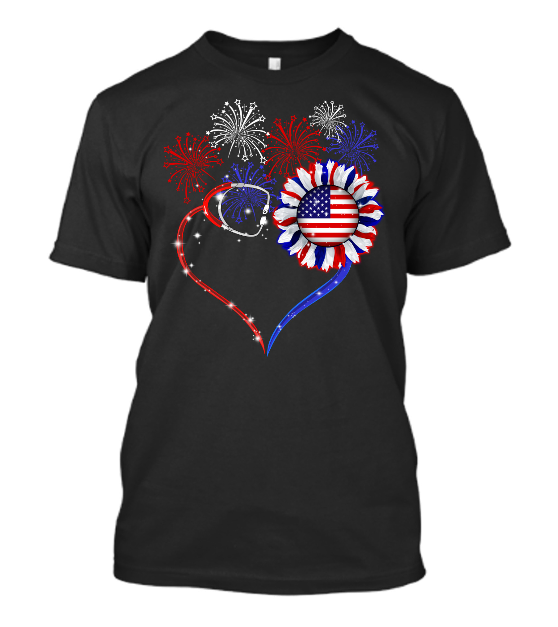 Nurse Patriotic Heart With American Flag And Fireworks T-Shirt