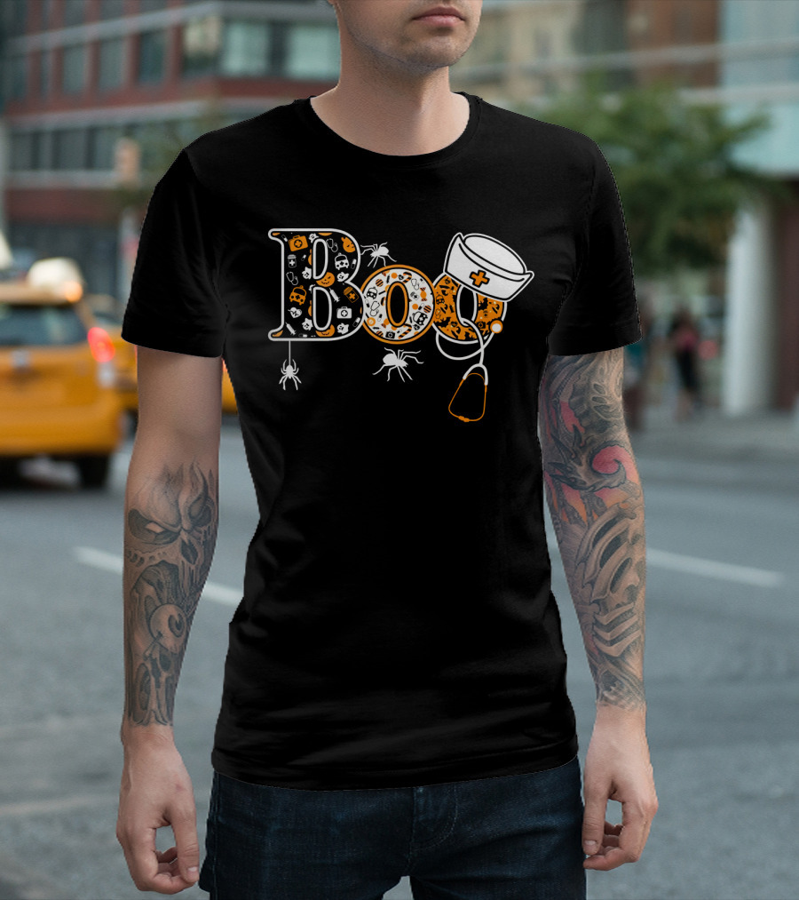 Boo Nurse Halloween Stethoscope Spider Hat T-Shirt