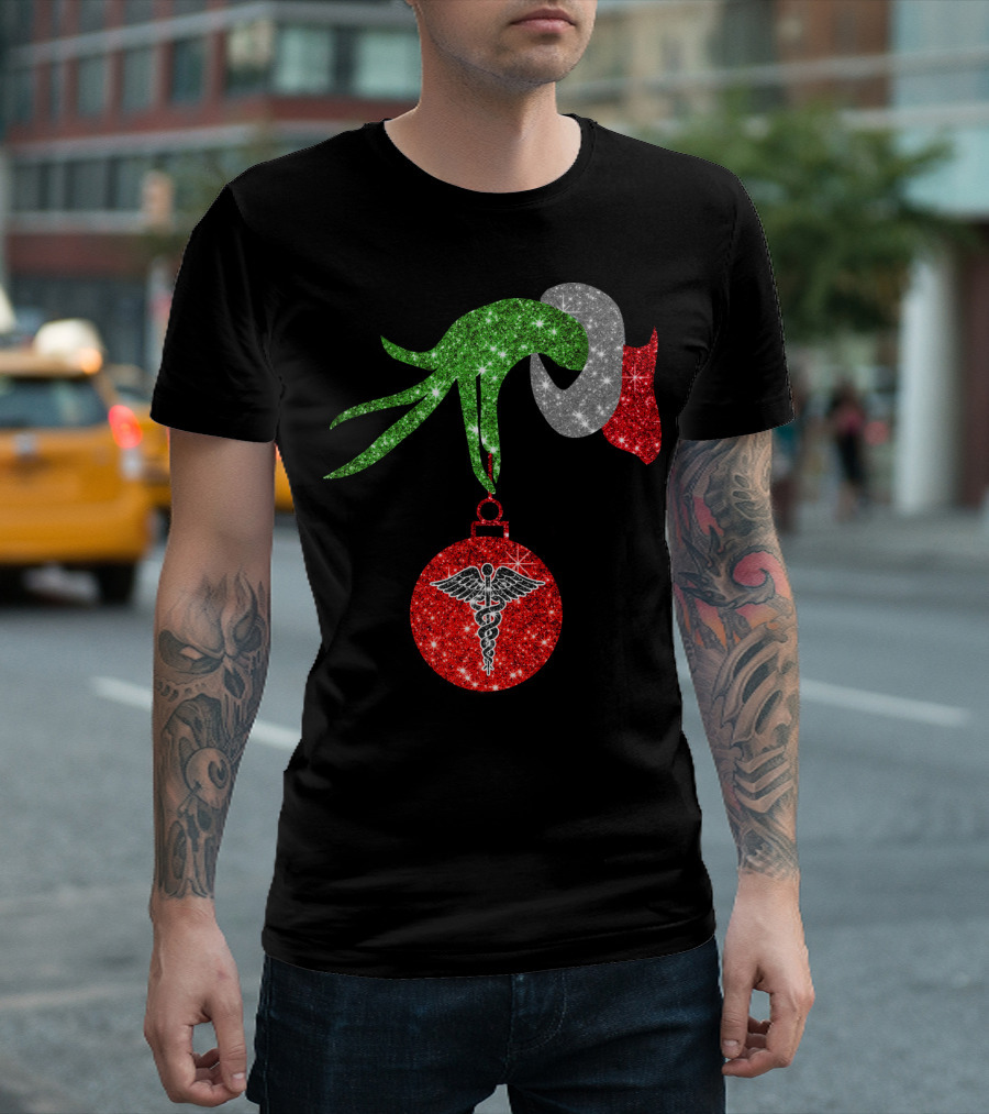 Grinch Hand Holding Caduceus Christmas Ornament Nurse T-Shirt