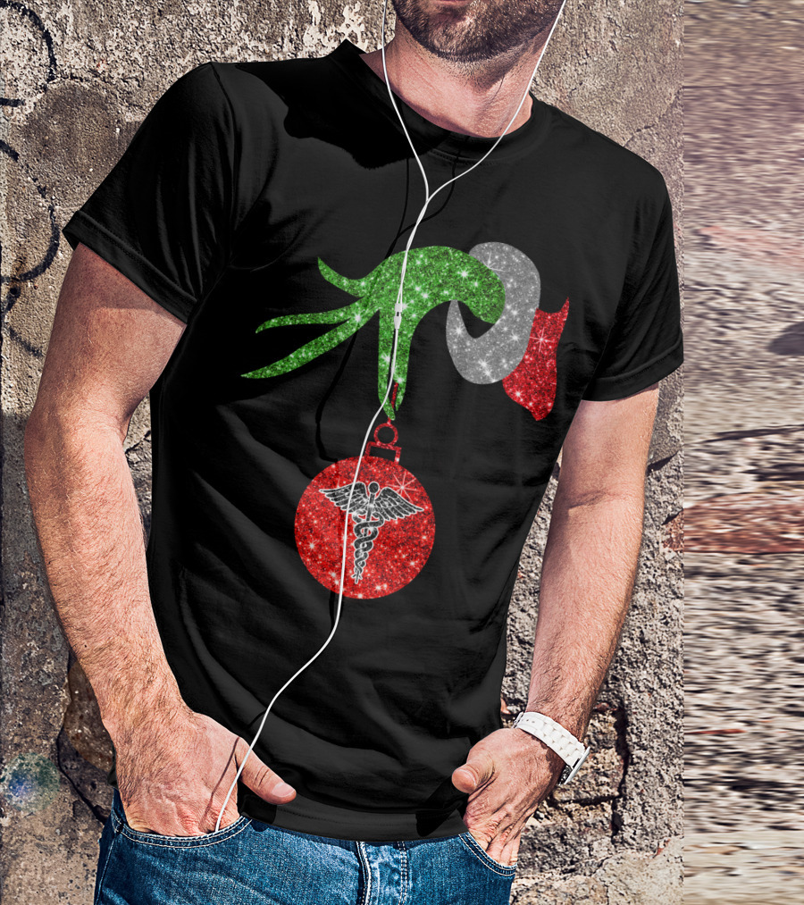 Grinch Hand Holding Caduceus Christmas Ornament Nurse T-Shirt