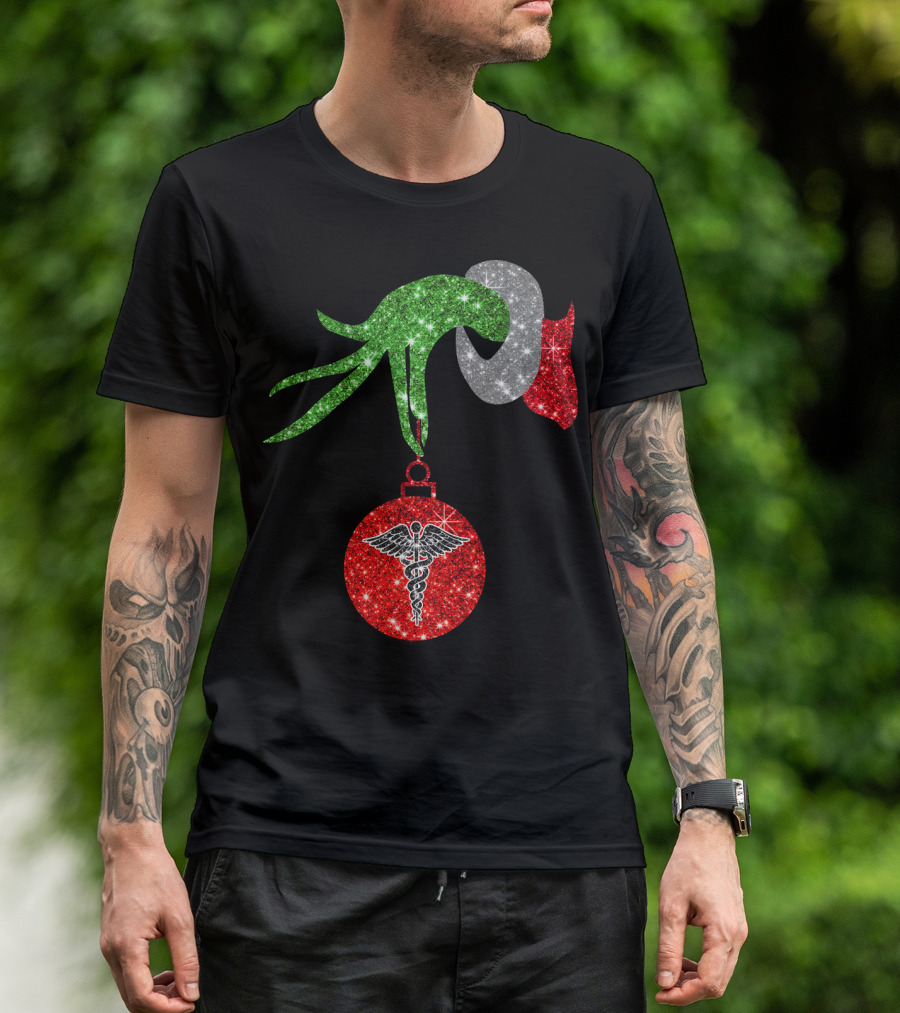 Grinch Hand Holding Caduceus Christmas Ornament Nurse T-Shirt