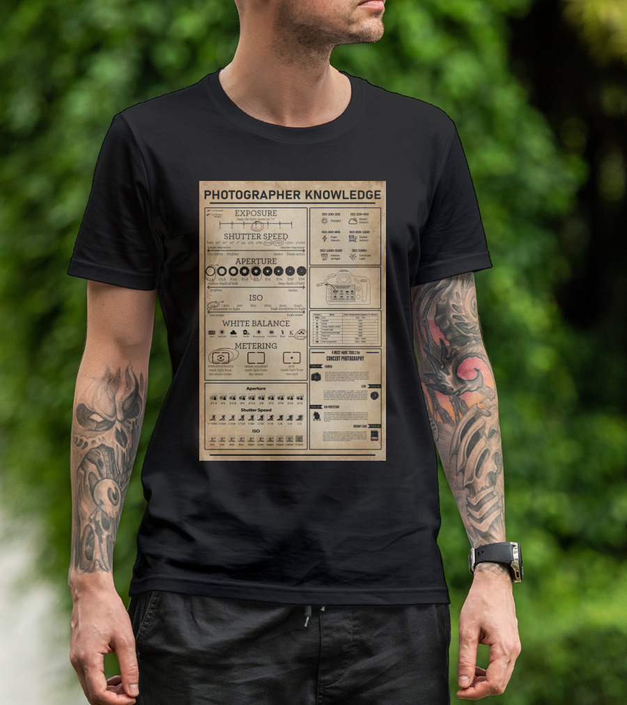 Photographer Knowledge Exposure Shutter Speed Aperture ISO White Balance Metering Concert Photography Guide T-Shirt