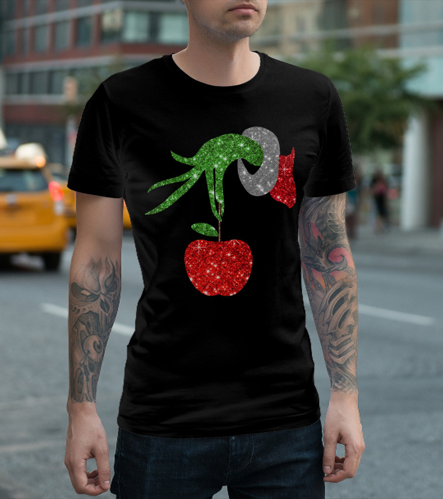 Green Grinch Hand Holding Shiny Red Apple T-Shirt