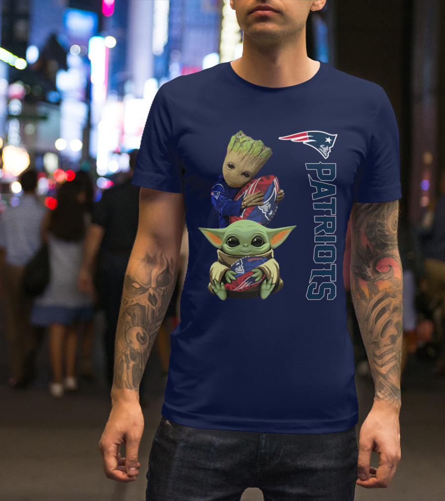 Patriots Groot And Baby Yoda With New England Football T-Shirt