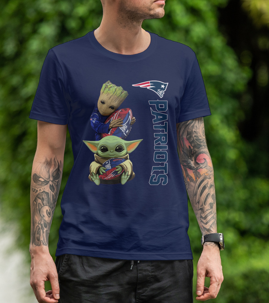 Patriots Groot And Baby Yoda With New England Football T-Shirt