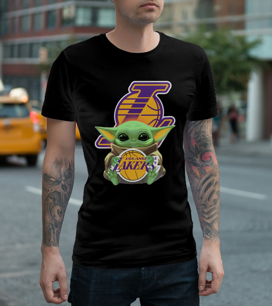Los Angeles Lakers Baby Yoda Holding Basketball T-Shirt