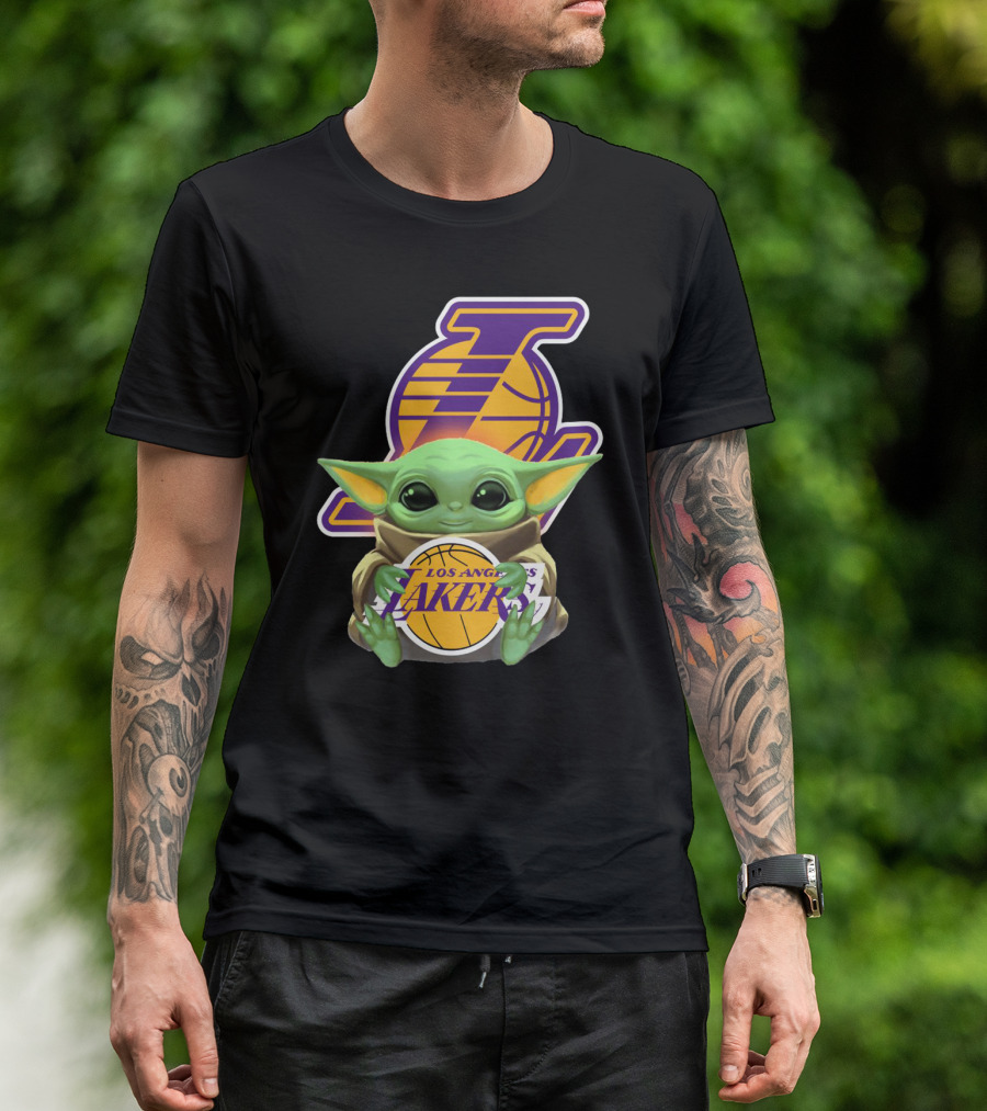 Los Angeles Lakers Baby Yoda Holding Basketball T-Shirt