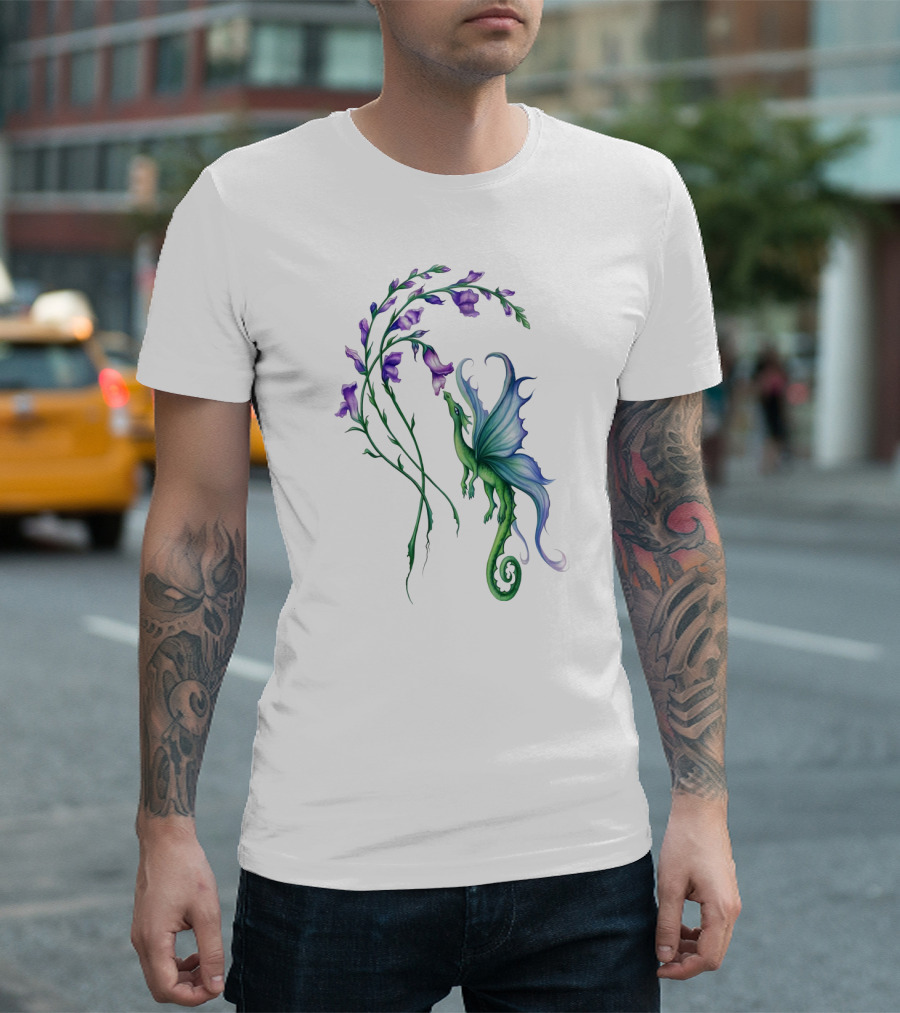 FLYING DRAGON AND PURPLE FLOWERS T-Shirt