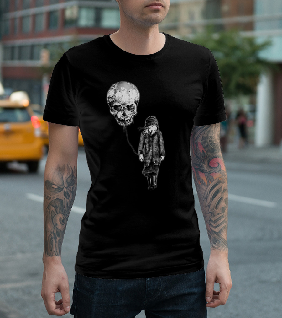 Skull Balloon Drifting with Somber Child T-Shirt
