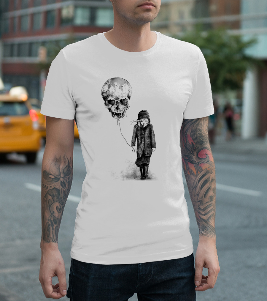 Skull Balloon Drifting with Somber Child T-Shirt