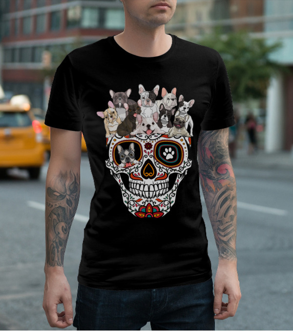Skull Sugar French Bulldog Día De Los Muertos T-Shirt