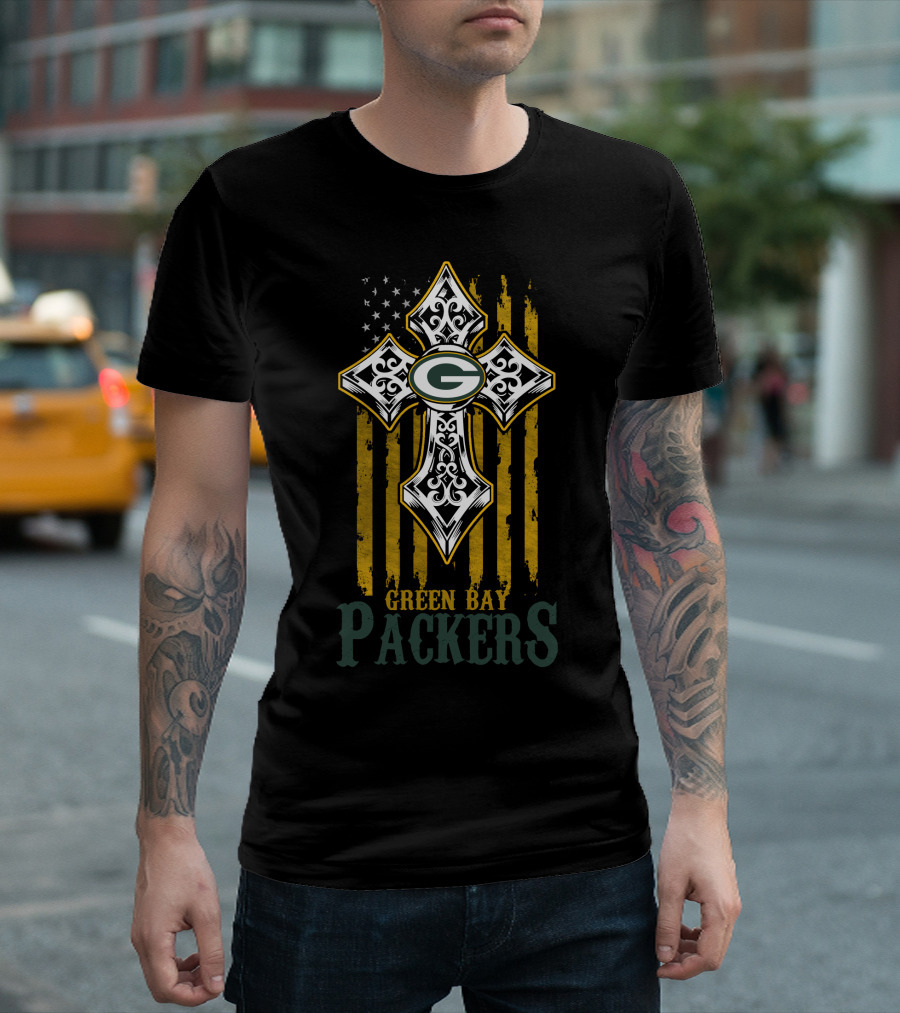 Green Bay Packers American Flag Cross T-Shirt