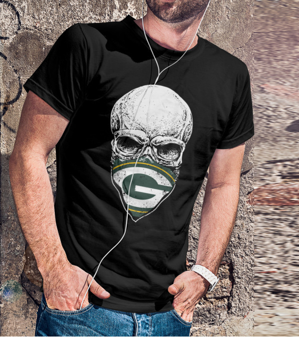 Skull With Green Bay Packers Bandana T-Shirt
