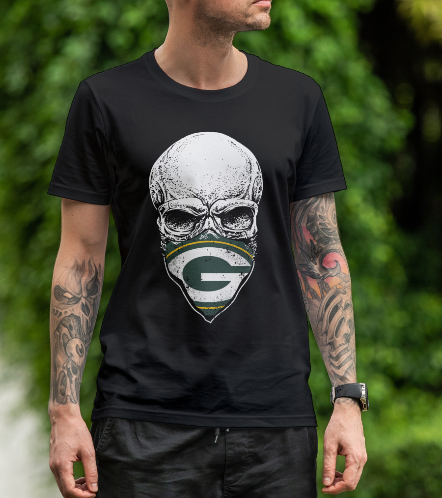 Skull With Green Bay Packers Bandana T-Shirt