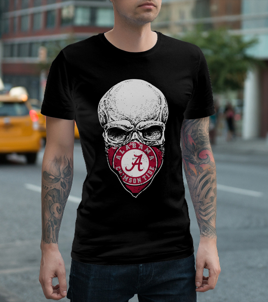Alabama Crimson Tide A Logo Skull Face Mask T-Shirt