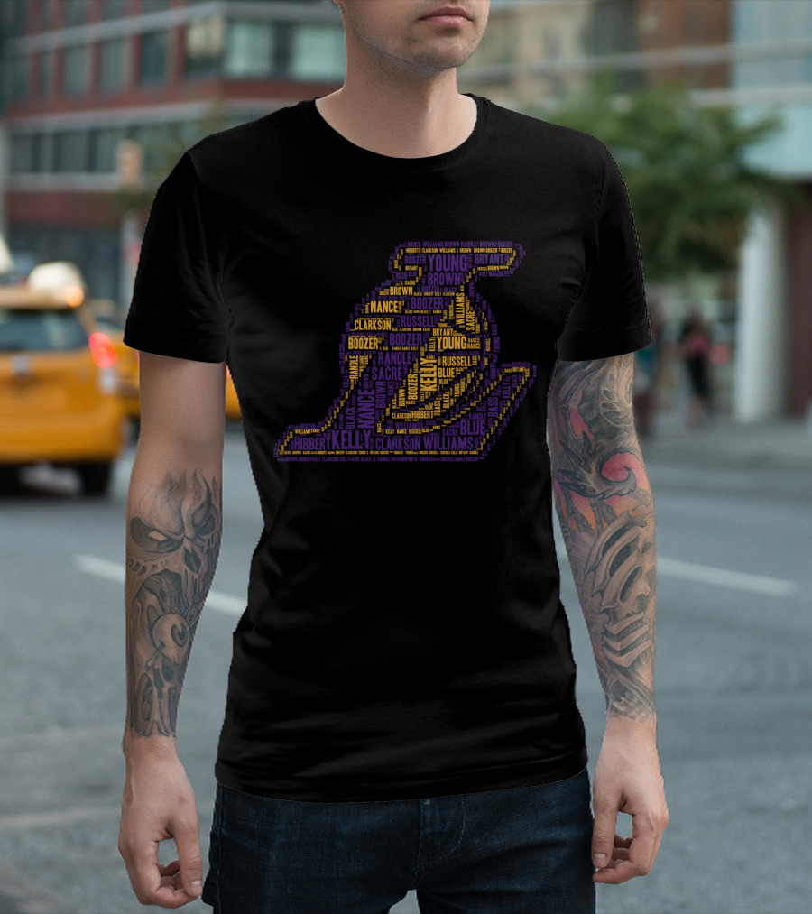Los Angeles Lakers Word Cloud Logo Featuring Bryant Clarkson Russell Boozer And Young T-Shirt