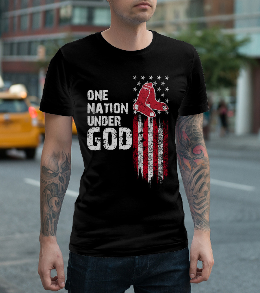 One Nation Under God Boston Red Sox American Flag Socks Stars Stripes T-Shirt