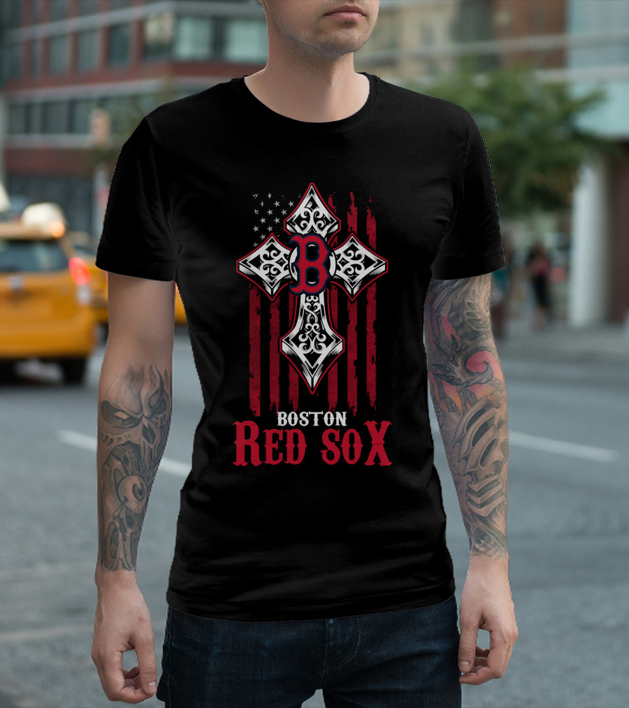Boston Red Sox Patriotic Cross Stars And Stripes Motif T-Shirt