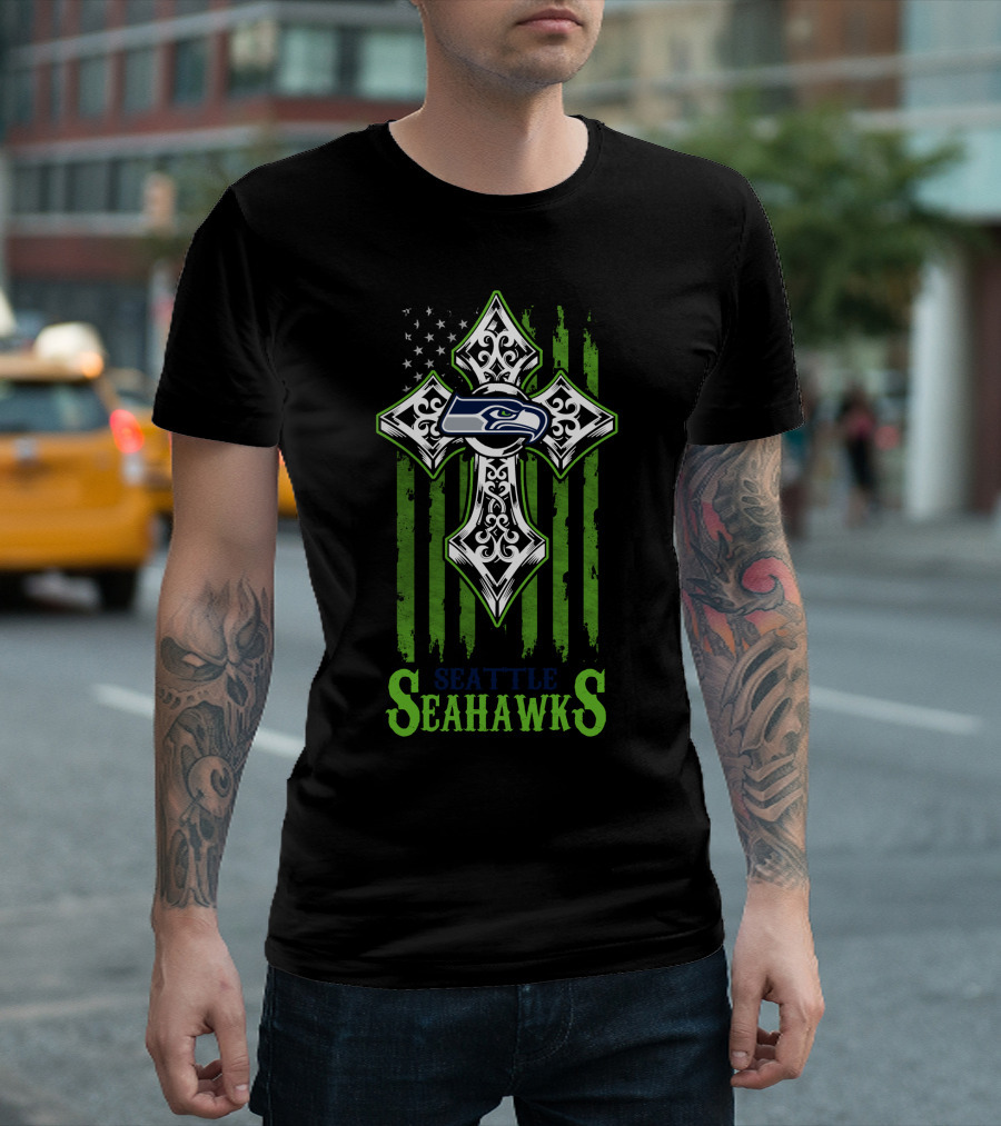 Seattle Seahawks Cross With American Flag Elements T-Shirt