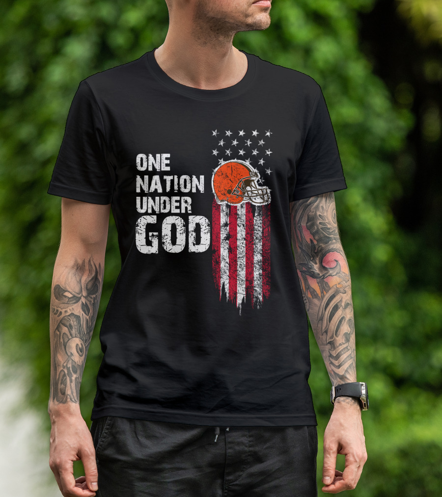 Cleveland Browns One Nation Under God Flag Helmet Stars Stripes T-Shirt
