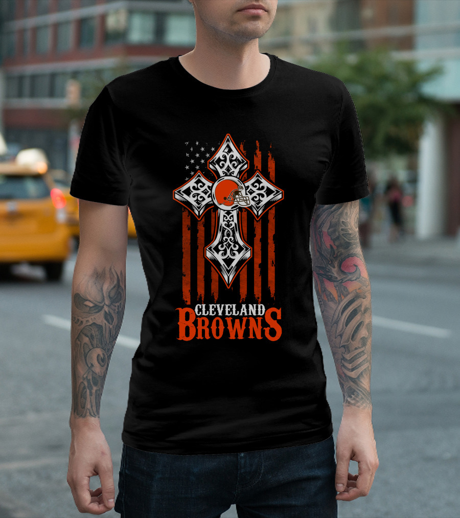 Cleveland Browns Cross And Helmet American Flag T-Shirt