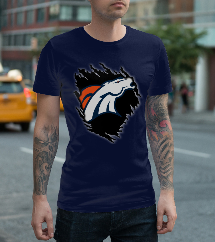 Denver Broncos Ripped Torn Logo Peeling Illusion Dark Blue T-Shirt