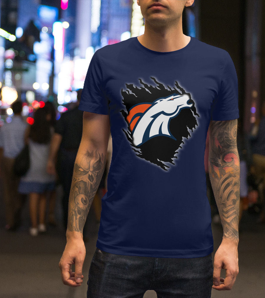 Denver Broncos Ripped Torn Logo Peeling Illusion Dark Blue T-Shirt