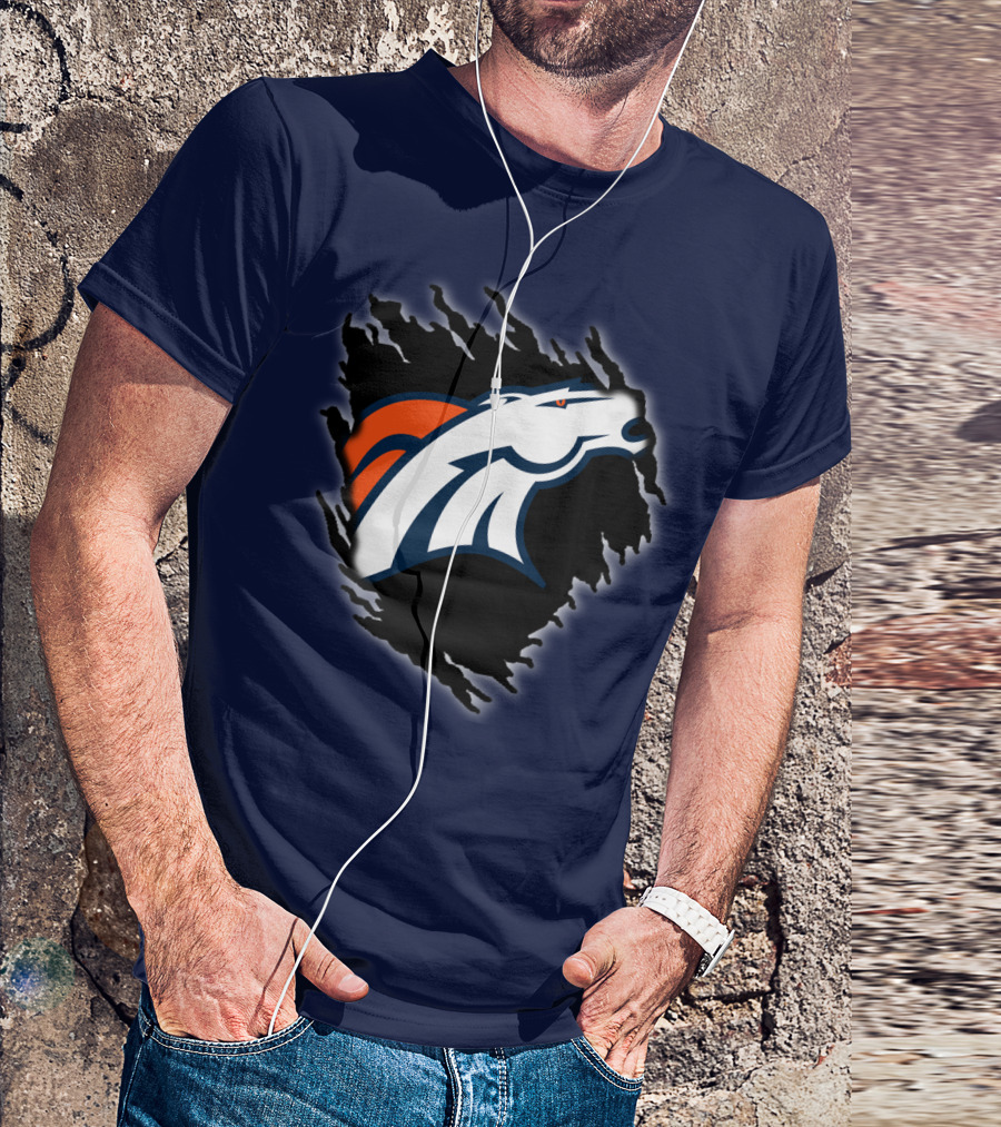 Denver Broncos Ripped Torn Logo Peeling Illusion Dark Blue T-Shirt