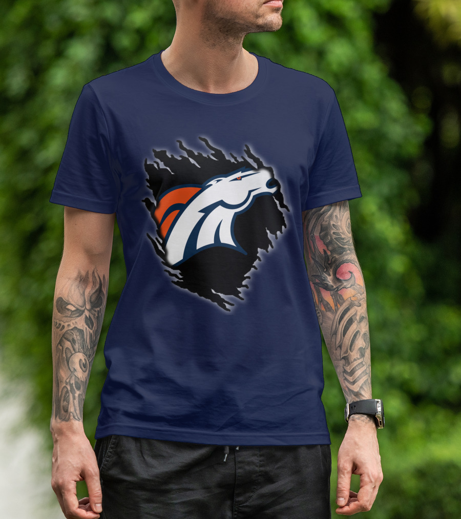Denver Broncos Ripped Torn Logo Peeling Illusion Dark Blue T-Shirt