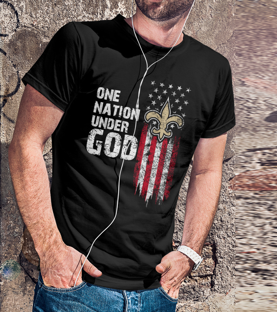 One Nation Under God New Orleans Saints Fleur-De-Lis American Flag Stars T-Shirt