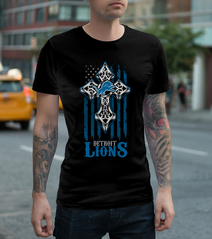 Detroit Lions Cross And Flag Design With Blue Lion T-Shirt