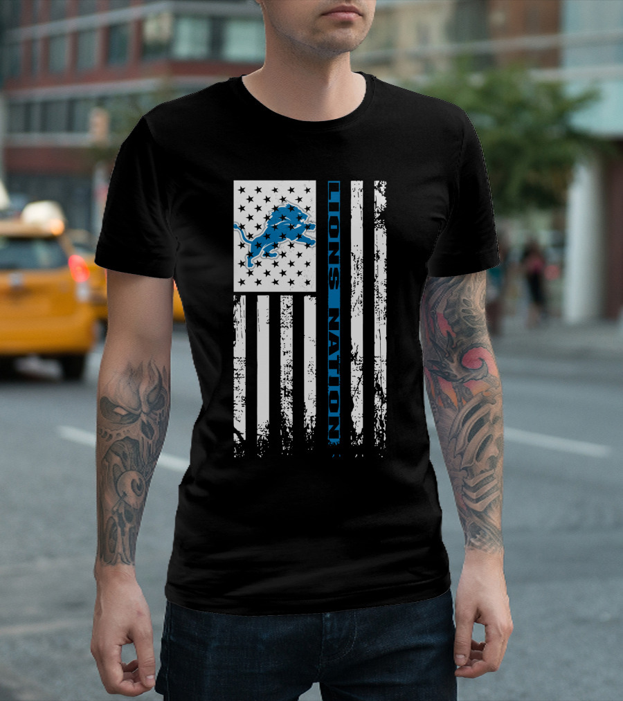 Detroit Lions Nation Flag Design With Blue Lion And Stars T-Shirt