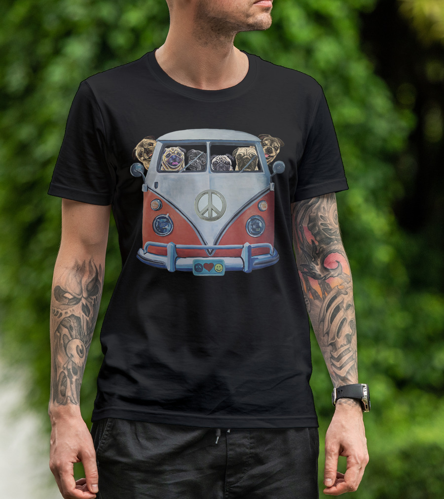 Pug Faces In Iconic Hippie Van With Peace Symbol And Love Smile Elements T-Shirt