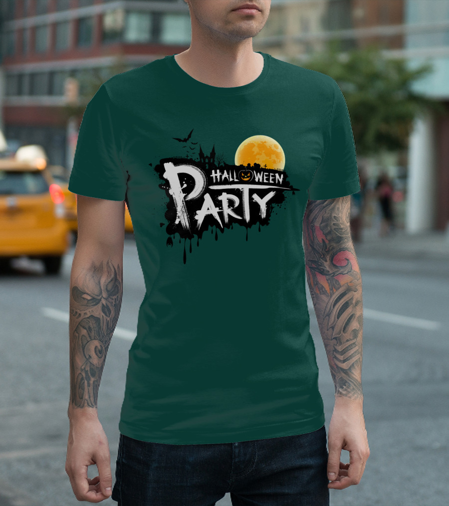 Halloween Party Moonlit Haunted House and Bats T-Shirt