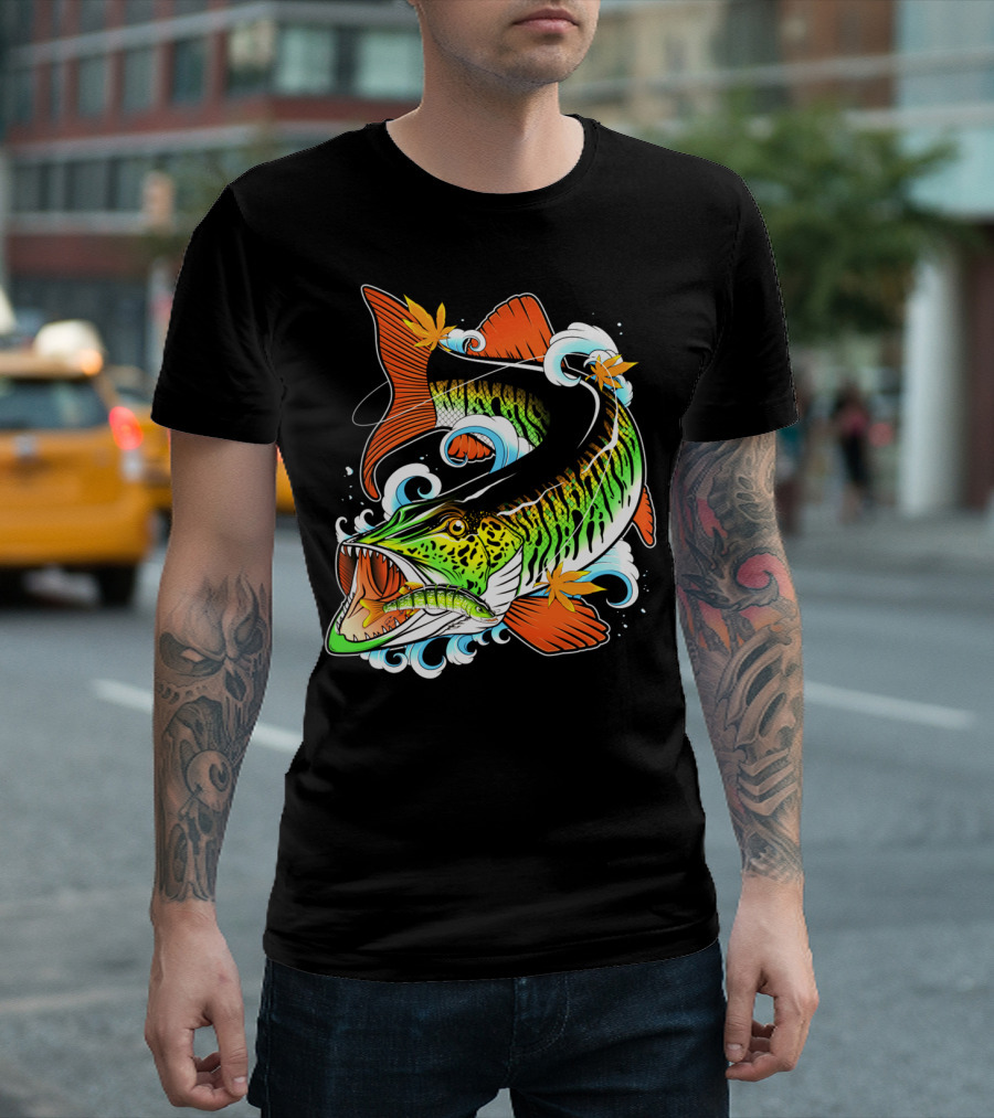 Angry Musky Fishing Splashing Leaves Dynamic T-Shirt
