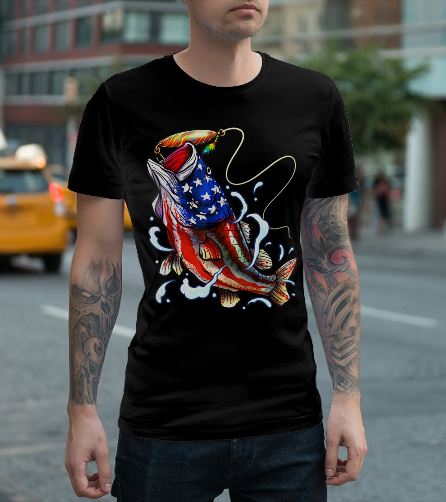 Bass Fishing Angler Dad with American Flag T-Shirt
