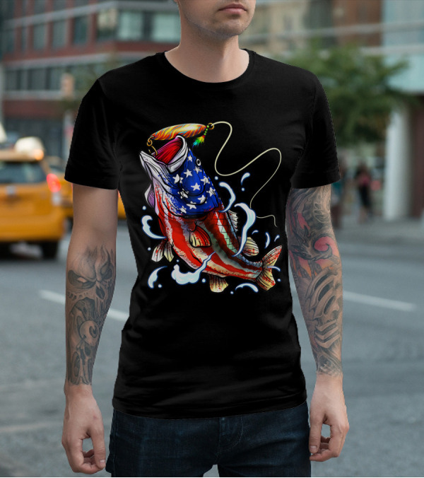 Bass Fishing Angler Dad With American Flag T-Shirt
