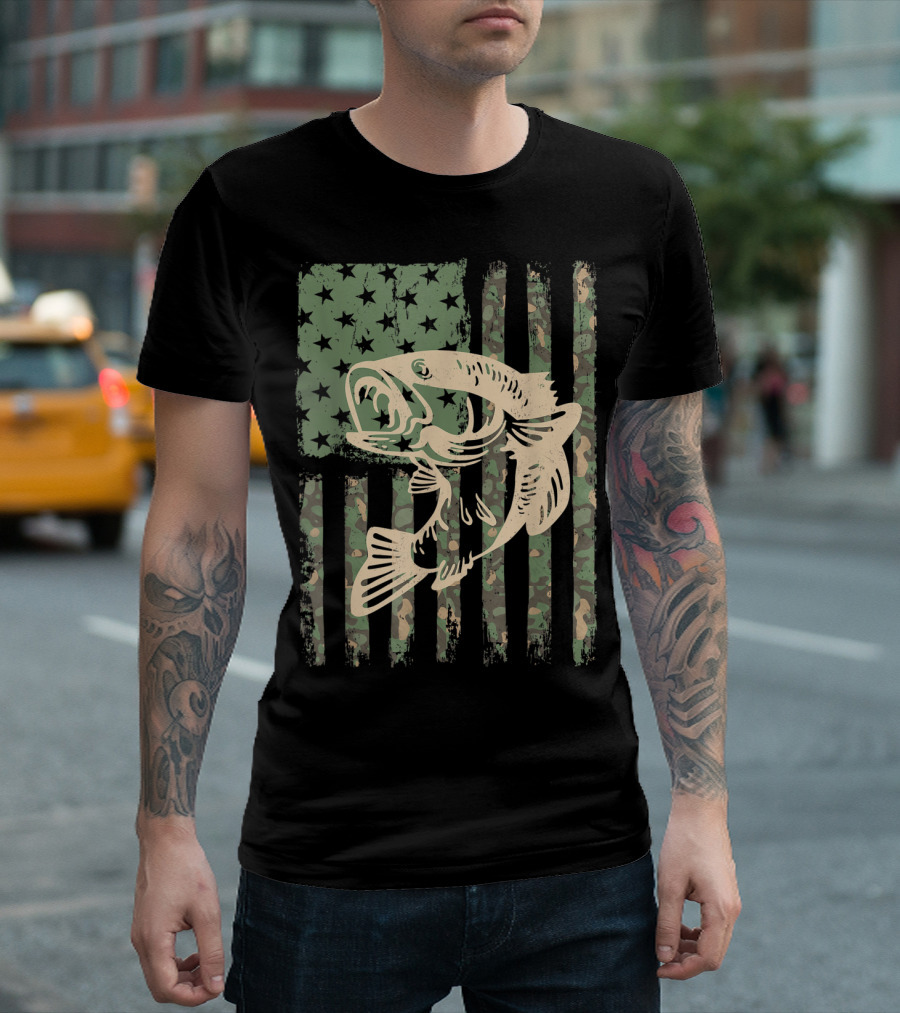 Camouflage USA Flag Big Mouth Bass Fishing T-Shirt