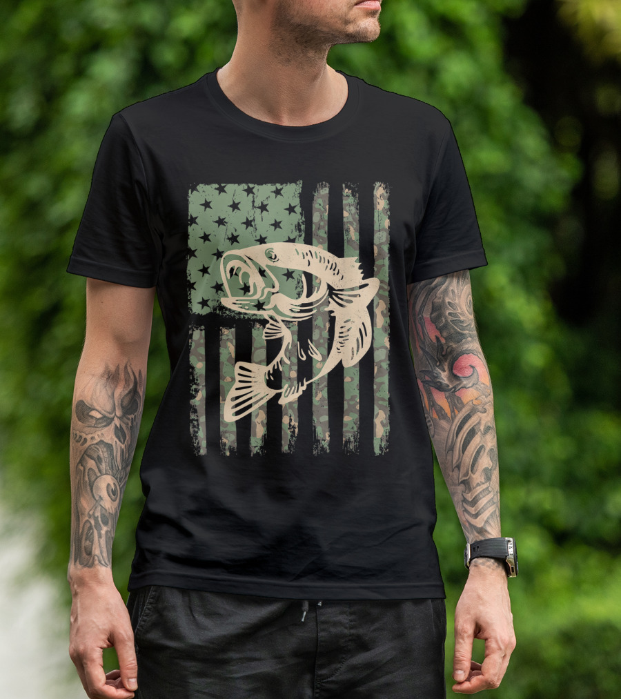 Camouflage USA Flag Big Mouth Bass Fishing T-Shirt