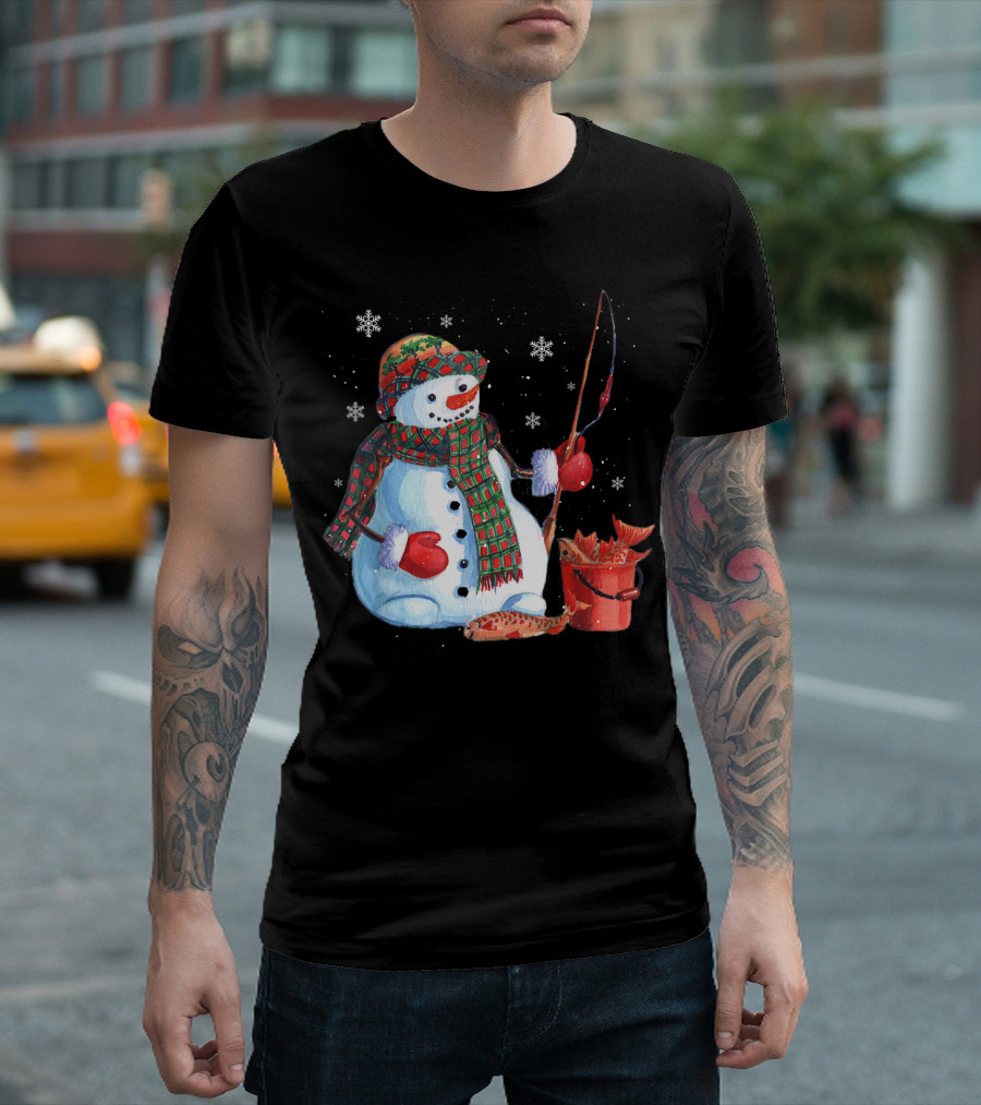 Merry Christmas Fishing Snowman with Fish and Snowflakes for Fishing Lovers T-Shirt