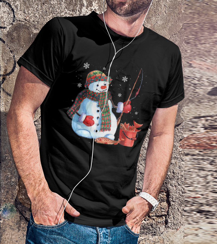Merry Christmas Fishing Snowman With Fish And Snowflakes For Fishing Lovers T-Shirt