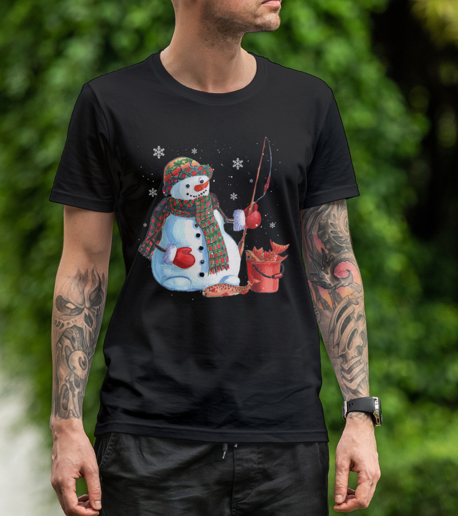 Merry Christmas Fishing Snowman With Fish And Snowflakes For Fishing Lovers T-Shirt