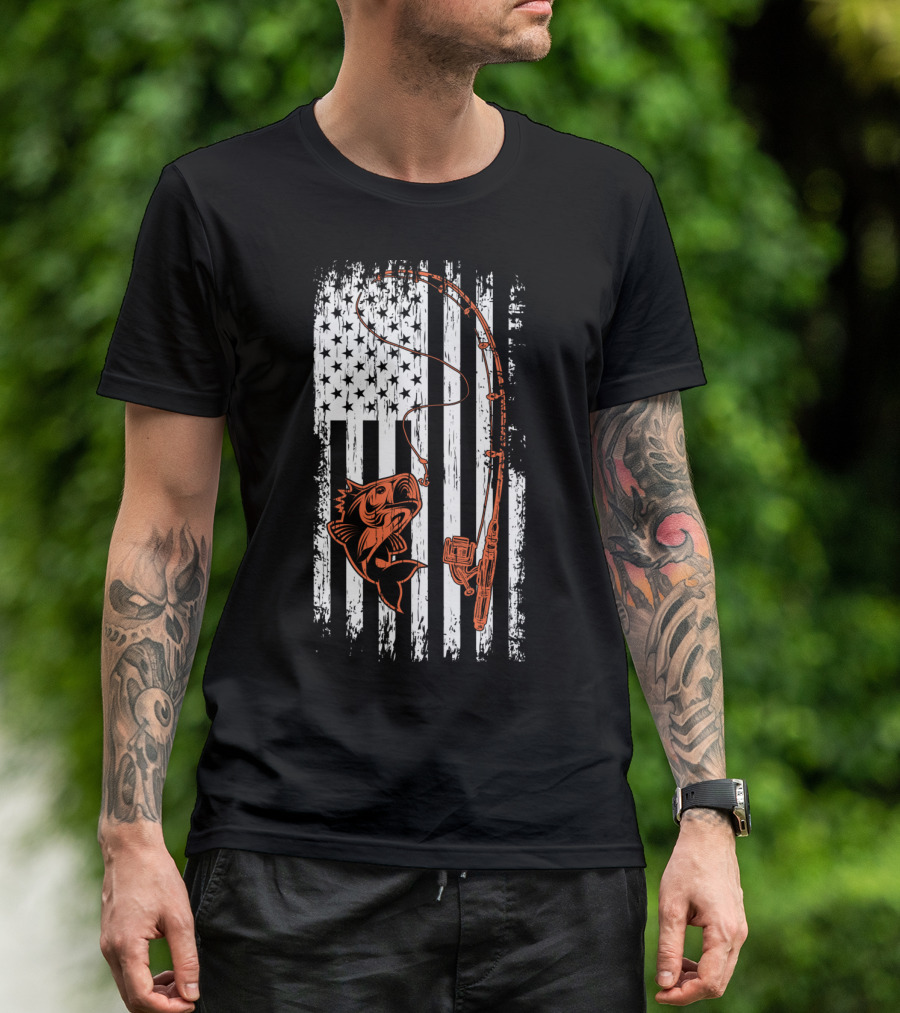 USA Fishing Flag Bass And Rod American Flag T-Shirt